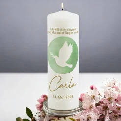 Kerze zur Konfirmation, Kommunion & Taufe personalisierbar mit Wunschdaten | Taube mit Zweig