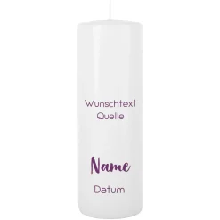 Kerze zur Konfirmation - mit Name, Datum und Wunschtext in violett
