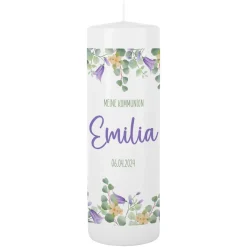 Kerze zur Taufe, Kommunion und Konfirmation mit lila Blumenmotiv