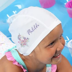 Kinderbadekappe mit Einhorn-Motiv und Name bedruckt
