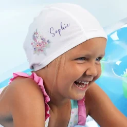 Kinderbadekappe mit Einhorn-Motiv und Name bedruckt