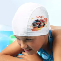 Kinderbadekappe mit Feuerwehrauto-Motiv und Name bedruckt