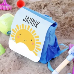 Kindergarten Rucksack in blau mit Sonne Motiv & Name personalisiert | Geschenk für Jungen & Mädchen
