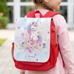 Kindergarten Rucksack in Rot mit Einhorn Motiv | Geschenk für Mädchen personalisiert mit Name