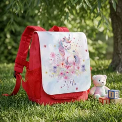 Kindergarten Rucksack in Rot mit Einhorn Motiv | Geschenk für Mädchen personalisiert mit Name
