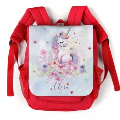 Kindergarten Rucksack in Rot mit Einhorn Motiv | Geschenk für Mädchen personalisiert mit Name