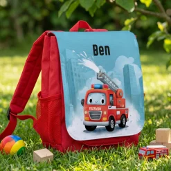 Kindergarten Rucksack in Rot mit Feuerwehr Motiv & Name | Persönliches Geschenk für Jungen & Mädchen