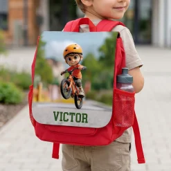 Kindergarten Rucksack in Rot mit Name & Fahrrad Motiv | Personalisiertes Geschenk für Jungen & Kinder