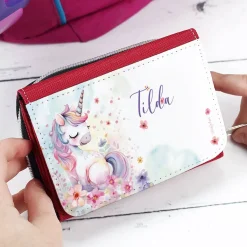 Kinder-Geldbörse mit Einhorn-Motiv, Blumen und Name