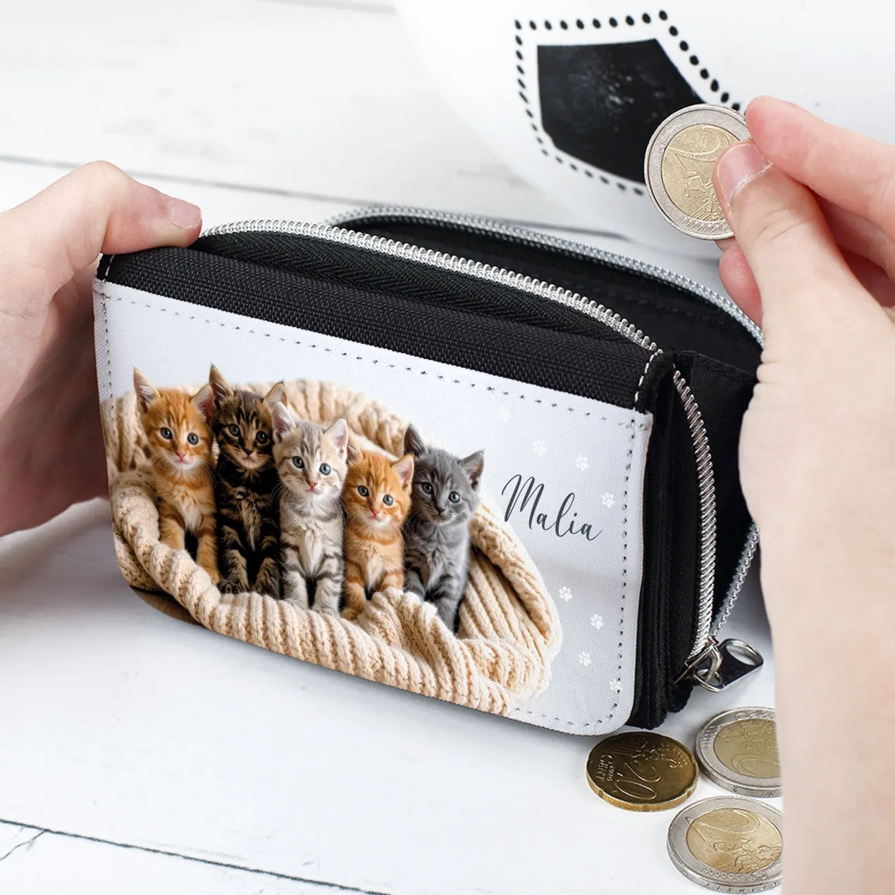 Kinder Geldbörse mit niedlichem Katzen Motiv und Name personalisiert zur Einschulung