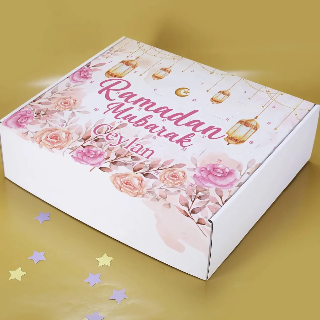 Kinder Ramadan Kalender mit Blumenmotiv in rosa und gold