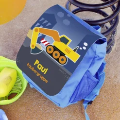 Kinderrucksack mit Bagger, Name und Wunschzeile
