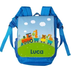 Kinderrucksack mit bunter Eisenbahn und Name