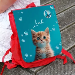 Kinderrucksack mit niedlicher Katze, Seifenblasen und Name oder Initialen