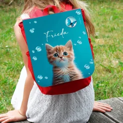 Kinderrucksack mit niedlicher Katze, Seifenblasen und Name oder Initialen
