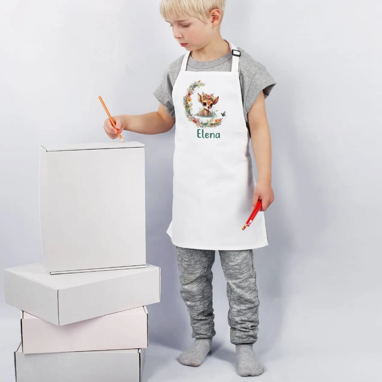 Kinderschürze mit Rehkitz-Motiv und Name