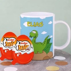 Kindertasse aus Kunststoff mit kleinem Dino und Ihrem Namen