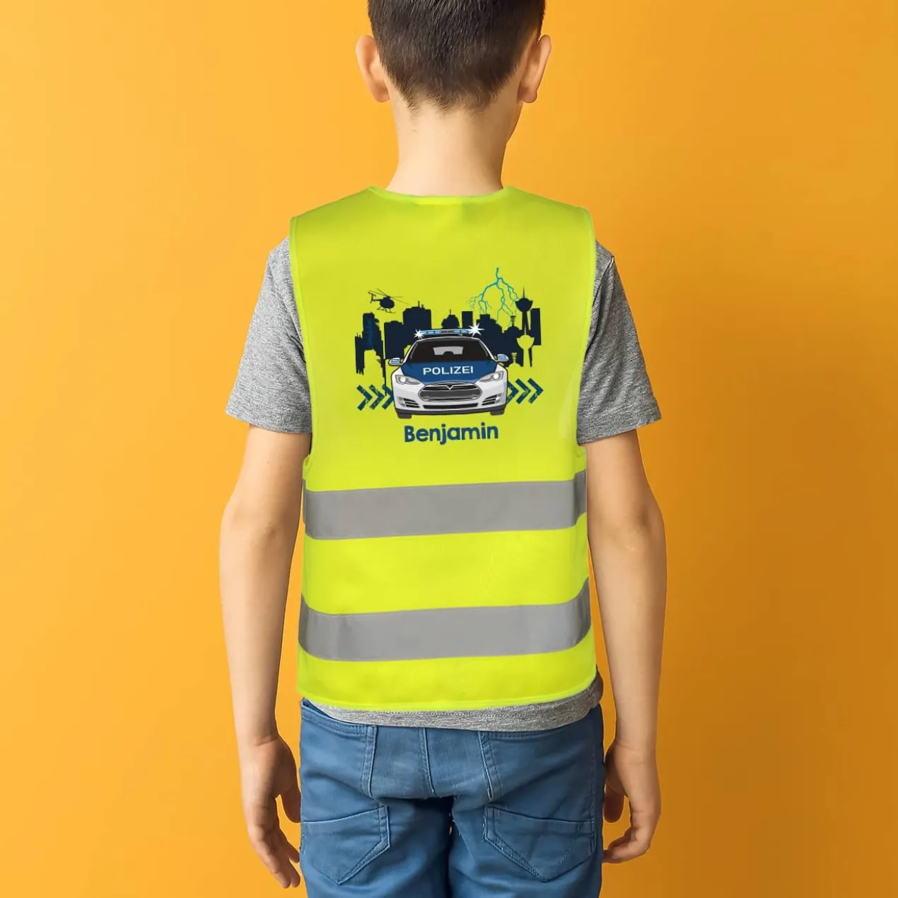 Kinderwarnweste - Polizeiauto - mit Namensaufdruck