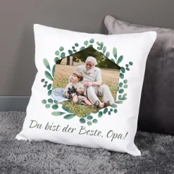 Kissen mit Ihrem Familienfoto und Wunschtext | Motiv: Eukalyptuskranz