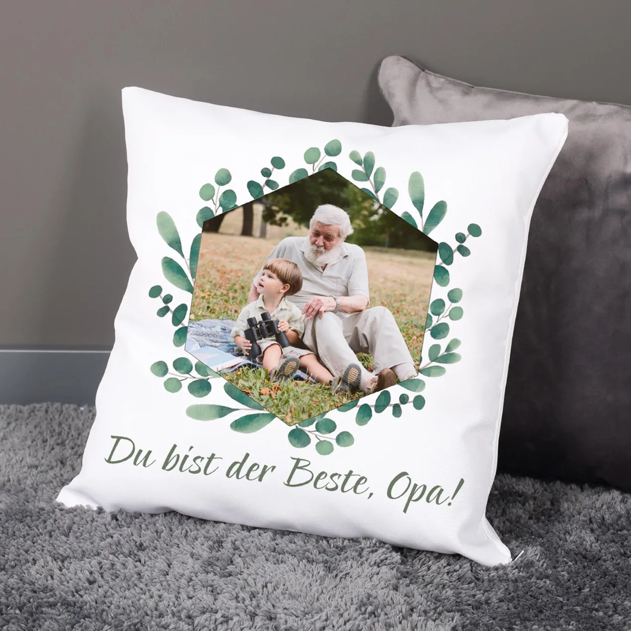 Kissen mit Ihrem Familienfoto und Wunschtext | Motiv: Eukalyptuskranz