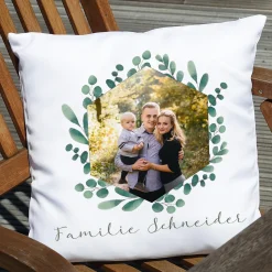 Kissen mit Ihrem Familienfoto und Wunschtext | Motiv: Eukalyptuskranz