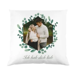 Kissen mit Ihrem Familienfoto und Wunschtext | Motiv: Eukalyptuskranz