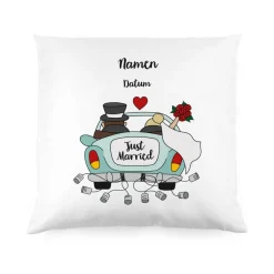 Kissen mit "Just Married" Motiv mit Hochzeitsauto, Namen und Datum bedruckt