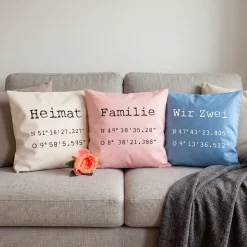 Kissen mit Koordinaten & Wunschtext personalisiert | Geschenk zum Hausbau & Einzug für Wohnung