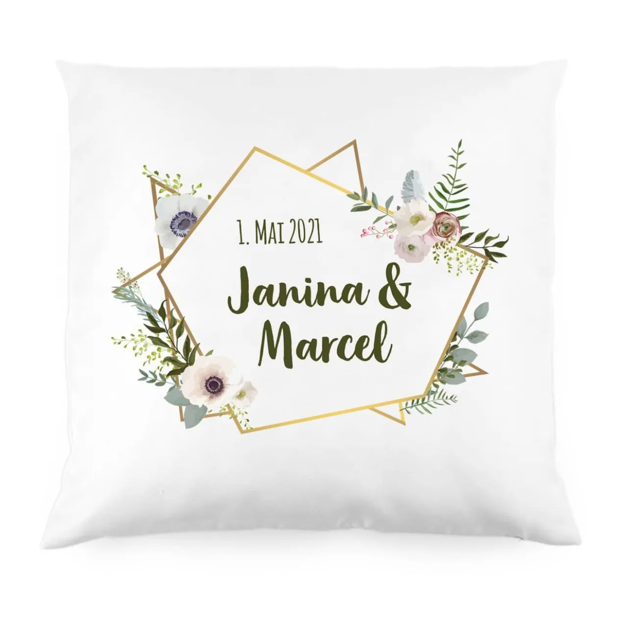 Kissen zur Hochzeit mit Blüten, Namen und Datum
