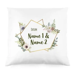 Kissen zur Hochzeit mit Blüten, Namen und Datum