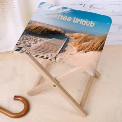 Klapphocker für den Strand bedruckt mit Strandmotiv und Wunschtext