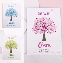 Klappkarte zur Taufe mit Lebensbaum in drei verschiedenen Farben