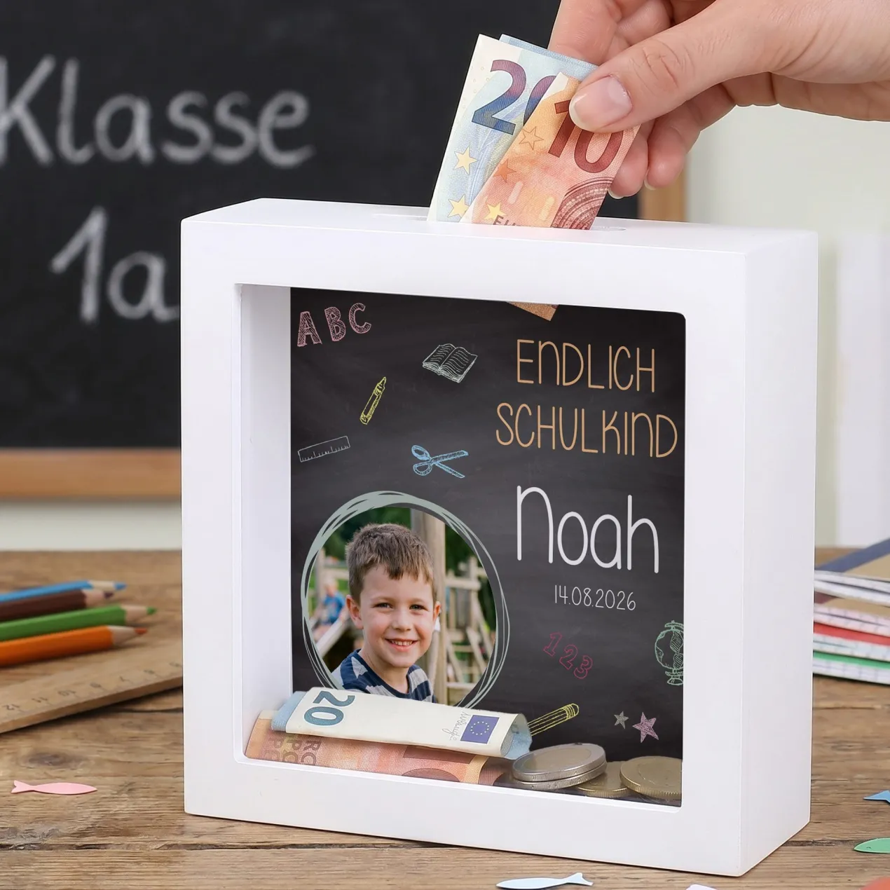 Kleine Bilderrahmen Spardose zum Schulanfang
