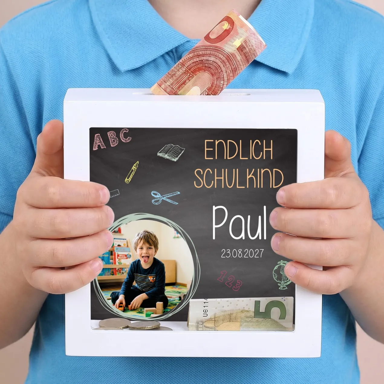Kleine Bilderrahmen Spardose zum Schulanfang