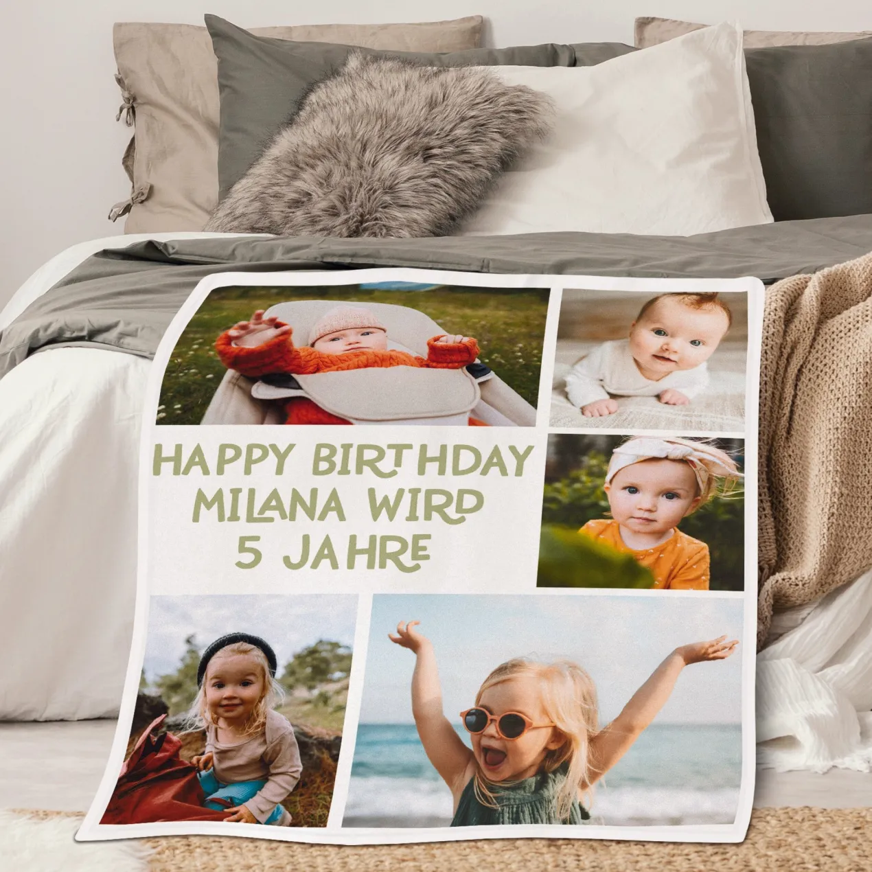 Kleine Kuscheldecke personalisiert mit 5 Fotos und Wunschtext | Geschenk für Familie und Freunde