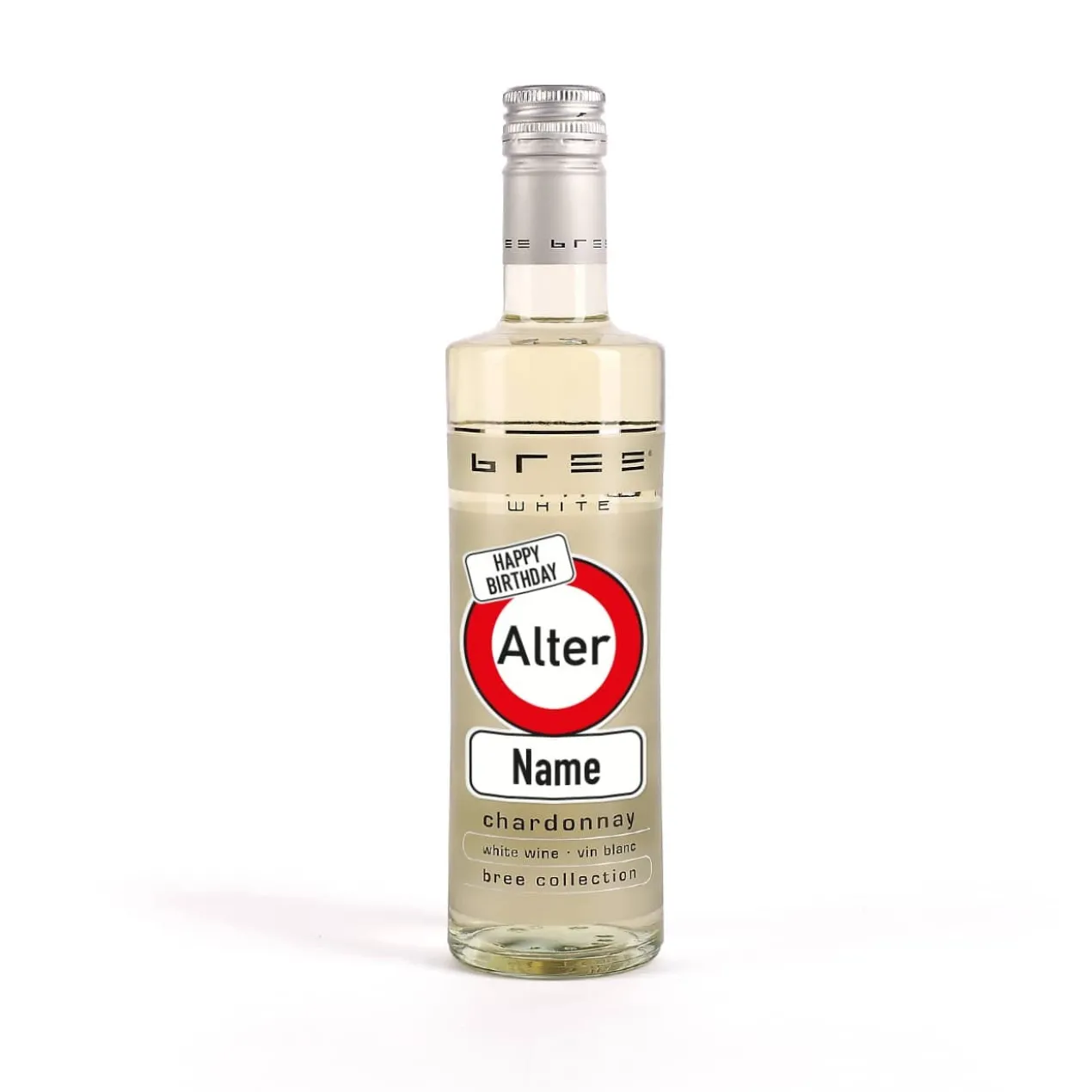 Kleiner BREE Wein zum Geburtstag mit Verkehrszeichen, Name und Alter