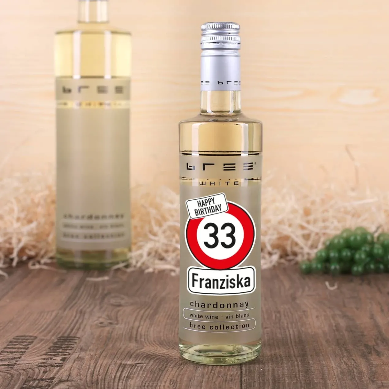 Kleiner BREE Wein zum Geburtstag mit Verkehrszeichen, Name und Alter