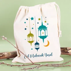 Kleiner Eid Geschenksack mit Laternen und Text, 2 Farben auswählbar, 25x32 cm