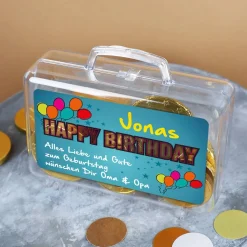 Kleiner Geldkoffer Happy Birthday mit Namen und Glückwunschtext