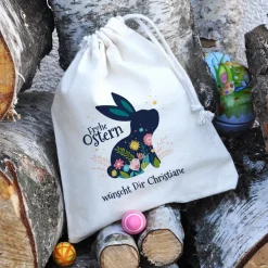 Kleiner Geschenksack mit Osterhase, Blüten und Wunschtext, 14 x 20 cm