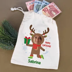 Kleiner Geschenksack mit Weihnachtsfigur, Foto & Name - 5 Motive wählbar