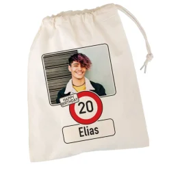 Kleiner Geschenksack zum Geburtstag mit Verkehrszeichen, Foto, Alter & Name