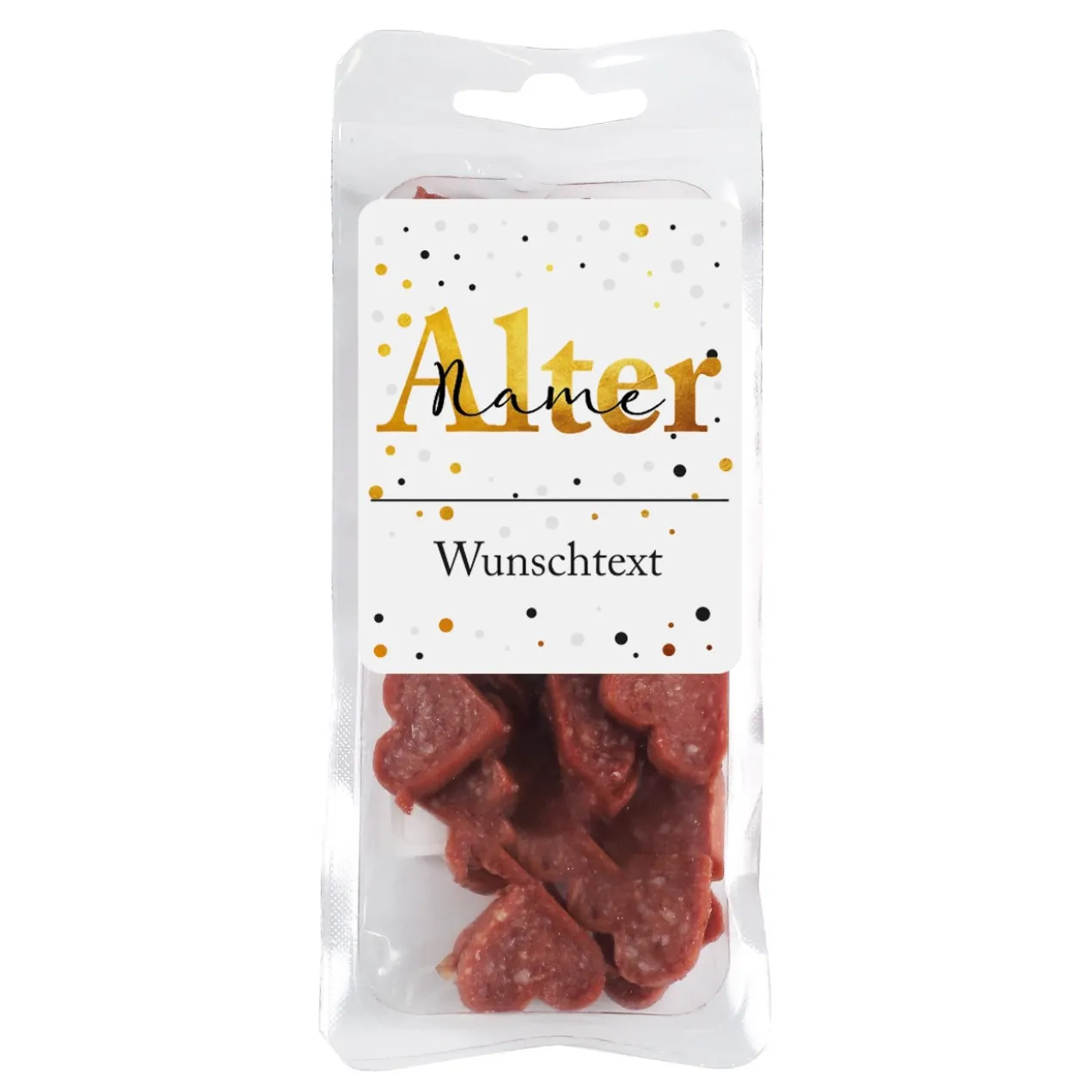 Kleine Salami-Herzen zum Geburtstag mit Name und Alter bedruckt
