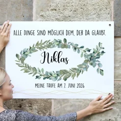 Kleines Banner zur Taufe, Kommunion oder Konfirmation | Eukalyptus-Fischmotiv | Personalisierbar