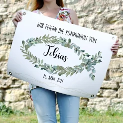 Kleines Banner zur Taufe, Kommunion oder Konfirmation | Eukalyptus-Fischmotiv | Personalisierbar