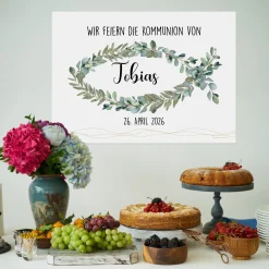 Kleines Banner zur Taufe, Kommunion oder Konfirmation | Eukalyptus-Fischmotiv | Personalisierbar