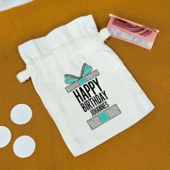 Kleines Baumwoll-Säckchen für Geldgeschenke zum Geburtstag personalisiert mit Name | Happy Birthday