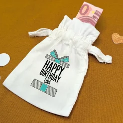 Kleines Baumwoll-Säckchen für Geldgeschenke zum Geburtstag personalisiert mit Name | Happy Birthday