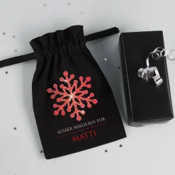 Kleines Geschenksäckchen mit Schneekristall, Wunschtext und Name, 21 x 14 cm