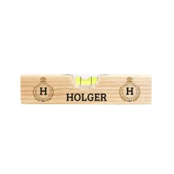 Kleine Wasserwaage aus Holz mit Name und Initialen bedruckt